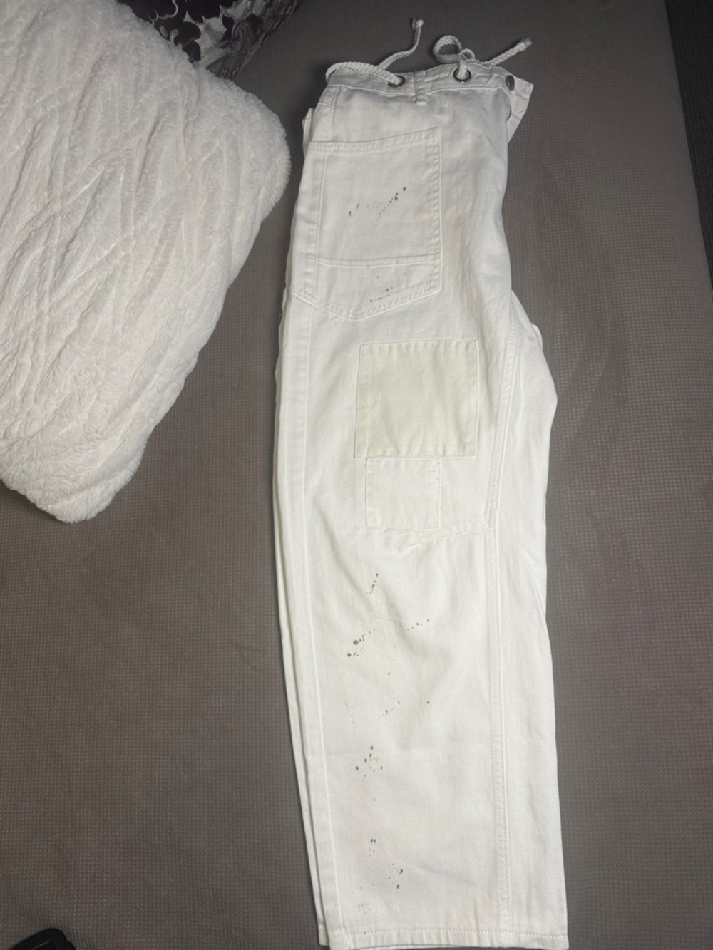 White Barrel Patchwork Denim with Paint Splatter Detail and rope belt - Picture 3 of 6